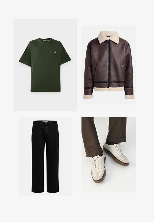 Braune Lederjacke mit einem Lammfellkragen und -bündchen, versehen mit einem Frontreißverschluss und seitlichen Taschen. Strukturiert Oberfläche mit kontrastierenden Lederelementen.; Grünes Baumwoll-T-Shirt mit kurzen Ärmeln, lockerer Schnitt. Beinhaltet ein kleines, in hellrosa gesticktes Logo auf der linken Brust.; Schwarze Jeanshose mit geradem Schnitt, klassischem Fünf-Taschen-Design und einem Knopfverschluss an der Taille. Glatte Textur und strapazierfähiger Stoff.; Beige Sneakers mit einer strukturierten Wildlederfront, glatten Lederseiten und einer braunen Gummisohle. Bändel und helle Nähdetails sind enthalten.