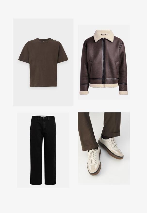Ruskea nahkatakki, jossa on lammasvillakauluksella ja -hihoilla, etuvetoketju ja sivutaskut. Rasksurfaces, jossa on kontrastiväriset nahkakoristeet.; Ruskea puuvillainen t-paita, jossa on lyhyet hihnat ja pyöreä kaula-auko. Sileä rakenne, minimalistinen muotoilu, ei kuvioita tai lisätietoja.; Musta denimpanssarit suoran lahkeen leikkauksella, klassinen viiden taskun suunnittelu ja nappisuljenta vyötäröllä. Sileä tekstuuri ja kestävä kangas.; Beige tennarit, joissa on teksturoidut mokkasiinimaiset etuosat, sileät nahkasaumat ja ruskea kumipohja. Narut ja vaaleat ompelutiedot mukana.