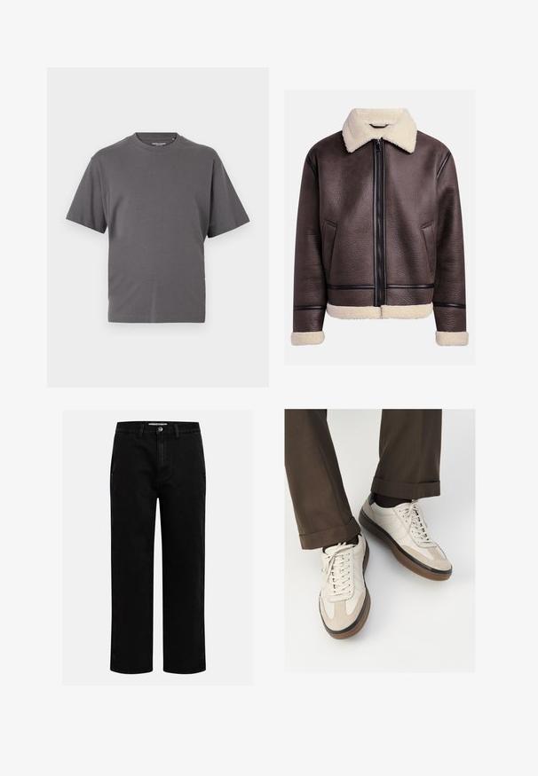 Brązowa skórzana kurtka z kołnierzem i mankietami z owczej wełny, z zapięciem na suwak z przodu i kieszeniami bocznymi. Teksturowana powierzchnia z kontrastującymi akcentami skórzanymi.; Szara koszulka z krótkim rękawem, wykonana z miękkiej bawełny, z okrągłym dekoltem i prostym wzornictwem, bez wzorów czy akcentów.; Granatowa, długosleeve'owa koszula z denimu z kołnierzykiem w szpic, zapięciem na guziki, kieszenią na piersi i kontrastującym pomarańczowym przeszyciem.; Czarne dżinsy o prostym kroju nogawki, klasyczny pięć kieszeniowy design oraz zapięcie na guzik w talii. Gładka tekstura i trwały materiał.; Beżowe sneakersy z teksturowanym zamszowym przodem, gładkimi skórzanymi bokami i brązową gumową podeszwą. Zawierają sznurówki oraz subtelne detale w dwóch kolorach.