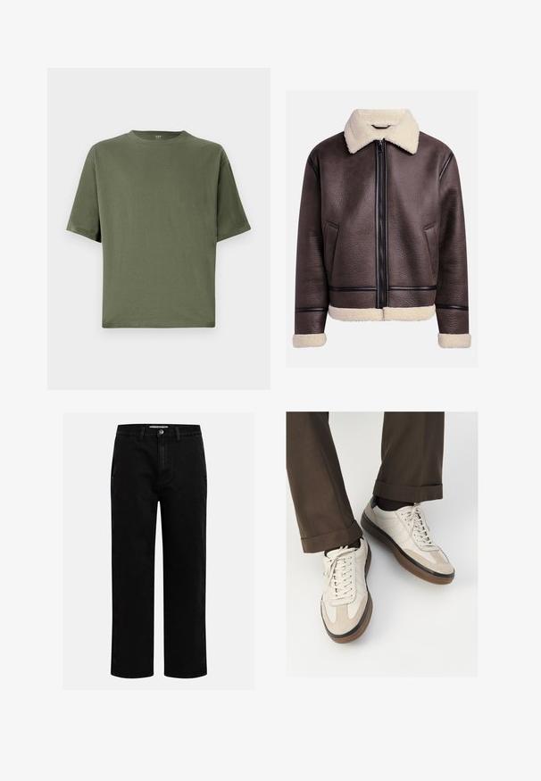 Brun læderjakke med pelskrave og mansjetter, med en frontlynlås og sidelommer. Struktureret overflade med kontrasterende læderdetaljer.; Olivengrøn t-shirt med korte ærmer lavet af bomuld, med rund hals og en afslappet pasform. Glat tekstur uden yderligere mønstre eller accenter.; Sorte denimbukser med lige pasform, klassisk fem-lomme design og knaplukning i taljen. Glat tekstur og holdbart stof.; Beige sneakers med en struktureret ruskind front, glatte lædersider og en brun gummisål. Snørebånd og let stikning er inkluderet.