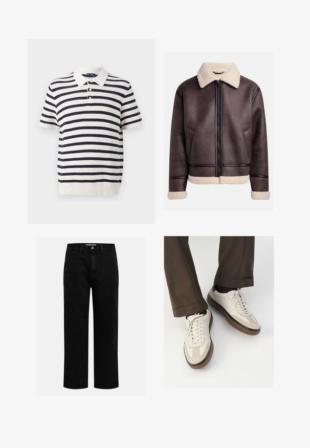 Chaqueta de cuero marrón con cuello y puños de borrego, que presenta un cierre frontal y bolsillos laterales. Superficie texturizada con acentos de cuero en contraste.; Polo a rayas con franjas alternas en azul marino y crema, de manga corta, con cuello acanalado y tapeta de tres botones. Textura de punto.; Camisa de mezclilla azul oscuro de manga larga con cuello punta, botones en el frente, bolsillo en el pecho y costuras en contraste de color naranja.; Pantalones de mezclilla negros con corte recto, diseño clásico de cinco bolsillos y cierre de botón en la cintura. Textura suave y tela duradera.; Zapatillas beige con un frente de ante texturizado, lados de cuero liso y suela de goma marrón. Incluyen cordones y un detalle de costura ligera.