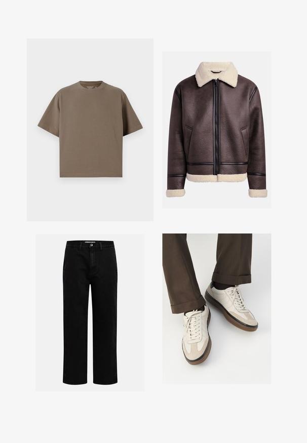 Bruine leren jas met een shearling kraag en manchetten, voorzien van een rits aan de voorkant en zijzakken. Geweven oppervlak met contrasterende leren accenten.; Bruine, korte mouwen t-shirt gemaakt van zachte stof met een ronde halslijn. Heeft een ontspannen pasvorm en eenvoudige zoomdetails.; Zwarte denim broeken met een rechte pijp, klassieke vijf-pocket structuur en een knoopsluiting in de taille. Glad materiaal en duurzame stof.; Beige sneakers met een leren voorkant van textuur-suède, gladde leren zijkanten en een bruine rubberen zool. Veters en lichte stikseldetails inbegrepen.