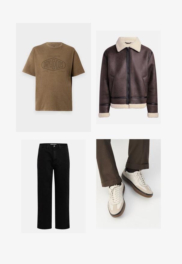 Brun læderjakke med pelskrave og mansjetter, med en frontlynlås og sidelommer. Struktureret overflade med kontrasterende læderdetaljer.; Brun kortærmet T-shirt med rund hals og falmet logo tekst "Premium Co. Dry On My Gods Jack & Jones Est. 90" trykt på fronten.; Sorte denimbukser med lige pasform, klassisk fem-lomme design og knaplukning i taljen. Glat tekstur og holdbart stof.; Beige sneakers med en struktureret ruskind front, glatte lædersider og en brun gummisål. Snørebånd og let stikning er inkluderet.