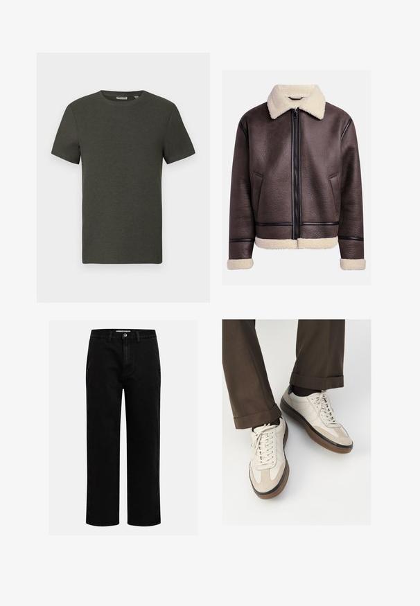 Bruine leren jas met een shearling kraag en manchetten, voorzien van een rits aan de voorkant en zijzakken. Geweven oppervlak met contrasterende leren accenten.; Donkergroene t-shirt met korte mouwen en een ronde halslijn, gemaakt van ribbelmateriaal; heeft een eenvoudig, minimalistisch ontwerp zonder patronen.; Zwarte denim broeken met een rechte pijp, klassieke vijf-pocket structuur en een knoopsluiting in de taille. Glad materiaal en duurzame stof.; Beige sneakers met een leren voorkant van textuur-suède, gladde leren zijkanten en een bruine rubberen zool. Veters en lichte stikseldetails inbegrepen.