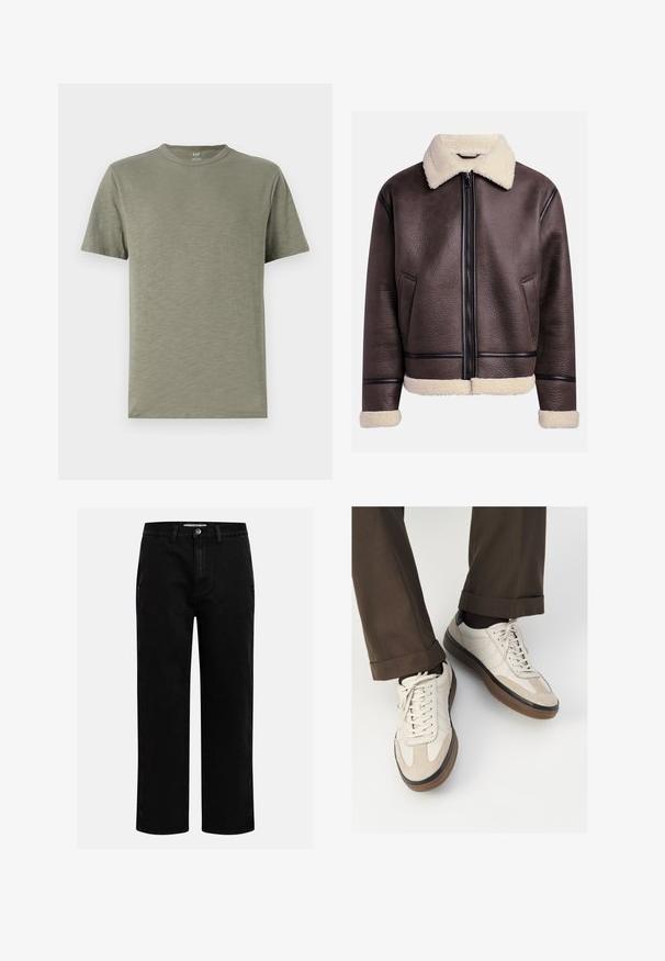 Jachetă din piele maro cu guler și manșete din blană, având un fermoar frontal și buzunare laterale. Suprafață texturată cu accente din piele contrastante.; Tricou din bumbac de culoare verde măslinie, cu guler rotund, mâneci scurte și o textură moale și netedă. Design simplu, fără modele sau accente.; Pantaloni din denim negri cu croi drept, design clasic cu cinci buzunare și închidere cu nasture la talie. Textură netedă și material durabil.; Adidași bej cu un vârf din suede texturat, laterale din piele netedă și o talpă din cauciuc maro. Șireturile și detalii de cusătură subtilă incluse.