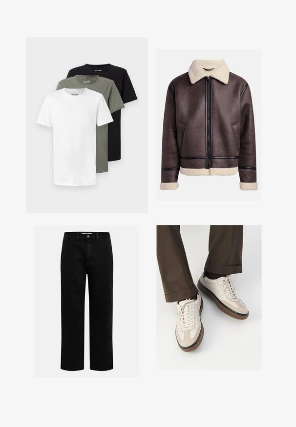 Brun skinnjakke med en fårskinnskrage og mansjetter, med glidelås foran og sidlommer. Teksturert overflate med kontrasterende skinnaksenter.; Tre crew-neck t-skjorter i hvit, olivengrønn og svart. Laget av myk bomull, med korte ermer og en avslappet passform.; Svarte denimbukser med rett benkutt, klassisk fem-lomme design og knappelukking i livet. Glatt tekstur og slitesterkt stoff.; Beige sneakers med teksturert semsket front, glatte skinnsider og en brun gummisåle. Snører og lys syddetalj inkludert.