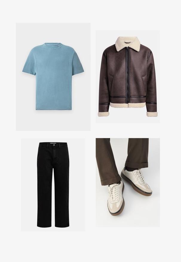 Brązowa skórzana kurtka z kołnierzem i mankietami z owczej wełny, z zapięciem na suwak z przodu i kieszeniami bocznymi. Teksturowana powierzchnia z kontrastującymi akcentami skórzanymi.; Koszulka z krótkim rękawem, okrągłym dekoltem w jasnoniebieskim kolorze, wykonana z bawełny. Materiał wydaje się miękki, ma gładką teksturę i minimalne detale szycia.; Granatowa, długosleeve'owa koszula z denimu z kołnierzykiem w szpic, zapięciem na guziki, kieszenią na piersi i kontrastującym pomarańczowym przeszyciem.; Czarne dżinsy o prostym kroju nogawki, klasyczny pięć kieszeniowy design oraz zapięcie na guzik w talii. Gładka tekstura i trwały materiał.; Beżowe sneakersy z teksturowanym zamszowym przodem, gładkimi skórzanymi bokami i brązową gumową podeszwą. Zawierają sznurówki oraz subtelne detale w dwóch kolorach.