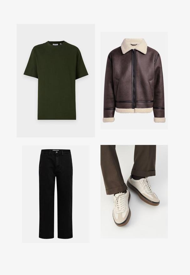 Brun läderjacka med fårskinnskräp och manschetter, med en frontdragkedja och sidofickor. Strukturerad yta med kontrasterande läderdetaljer.; Mörkgrön kortärmad t-shirt i bomull. Rund hals, avslappnad passform och slät textur utan synliga mönster eller detaljer.; Svarta denimbyxor med rak passform, klassisk femfickedesign och knappstängning i midjan. Slät textur och hållbar tyg.; Beige sneakers med en texturerad mockafront, släta lädersidor och en brun gummisula. Snörning och ljusa sömdetaljer ingår.