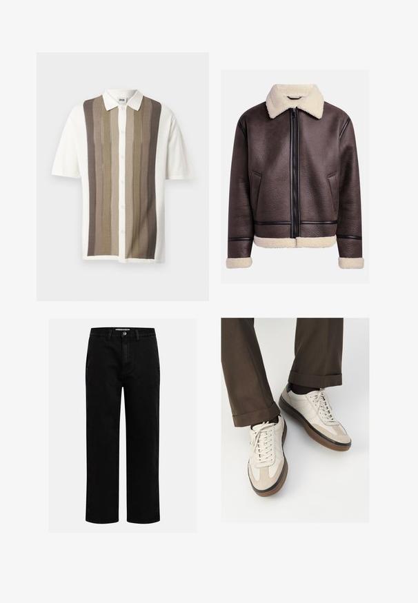 Ruskea nahkatakki, jossa on lammasvillakauluksella ja -hihoilla, etuvetoketju ja sivutaskut. Rasksurfaces, jossa on kontrastiväriset nahkakoristeet.; Lyhythihainen kauluspaita, jossa on pystysuorat raidat beigen, ruskean ja kermaisen sävyissä; napitus; neulottu kangas, jossa on teksturoitu kuvio.; Tummansininen farkkupaita, jossa on pitkät hihat, terävä kaulus, nappisulku, rintatasku ja kontrastiväriset oranssit tikkaus.; Musta denimpanssarit suoran lahkeen leikkauksella, klassinen viiden taskun suunnittelu ja nappisuljenta vyötäröllä. Sileä tekstuuri ja kestävä kangas.; Beige tennarit, joissa on teksturoidut mokkasiinimaiset etuosat, sileät nahkasaumat ja ruskea kumipohja. Narut ja vaaleat ompelutiedot mukana.