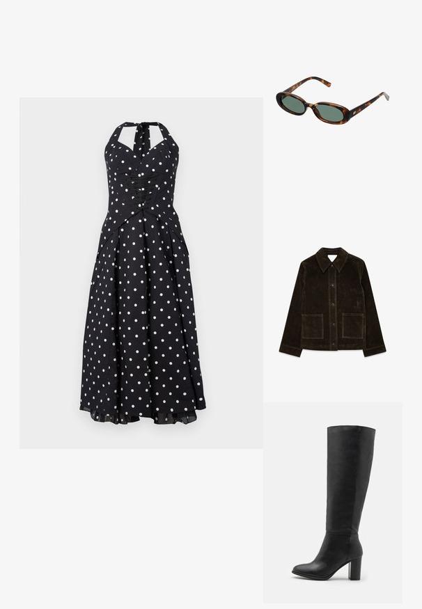 Ruda jaukinė striukė su dideliu apykakle, priekyje užsegama sagomis ir dviem kišenėmis su pamušalu. Dėmesio centre yra tekstūruotas paviršius ir pritaikytas siluetas.; Juoda halter suknelė su baltais taškeliais, prigludusi krūtinė, raišteliais, ir plati sijonė. Pagaminta iš lygios medžiagos su švelniu blizgesiu.; Juodas iki kelių siekiantis batų stilius, pagamintas iš lygaus odos, su masyviu kulnu ir apvaliu pirštu. Minimalistinis dizainas be matomų detalių ar papuošimų.; Žvyneliai akiniai su ovaliais rėmeliais ir žaliais objektyvais. Siūlo plonas šakes su metaliniu akcentu prie vyrų.; Alyvuogių žalio odinio rankinės, su išlenkta forma, dviem rankenomis ir vientisu priekiniu paviršiumi. Pasižymi lygiu paviršiumi ir subtiliomis siuvimo detalėmis.