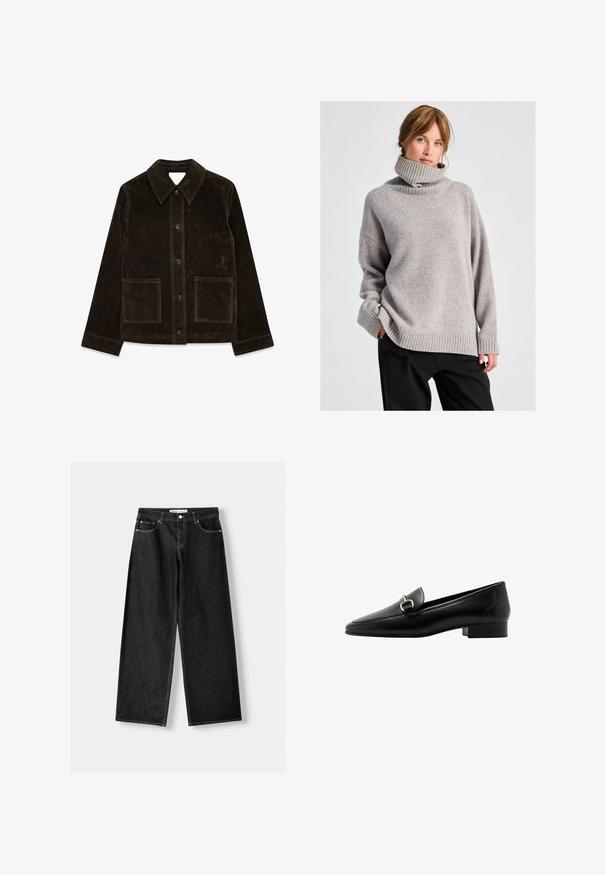 Hnedá semišová bunda s veľkým golierom, predným zapínaním na gombíky a dvomi náprsné vreckami. Má textúrovaný povrch a prispôsobený strih.; Žena so svetlo hnedými vlasmi, oblečená v voľnom šedom roláku a čiernych nohaviciach, stojí na pozadí jasného svetlého pozadia.; Čierne denimové nohavice s širokými nohavicami, ktoré majú päť vreciek, kovový gombík a zips na zapínanie, a kontrastné žlté švy pozdĺž švov.; Čierne kožené slip-on topánky s špicatou špičkou, malým blokovým opätkom a zlatým kovovým detailom na prednej strane. Hladká textúra a minimalistický dizajn.