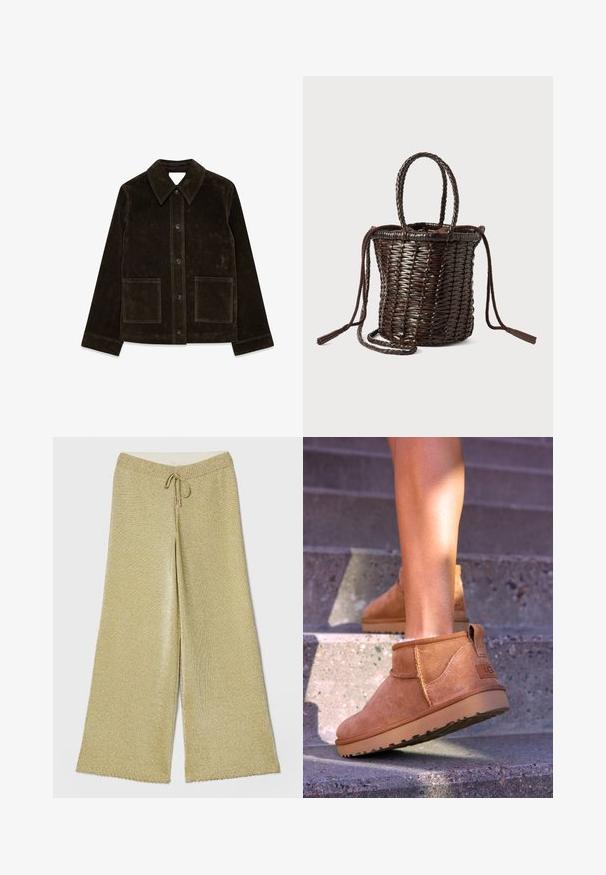 Veste en daim marron avec un large col, fermeture à boutons sur le devant et deux poches plaquées. Présente une surface texturée et une coupe ajustée.; Femme aux cheveux châtain clair portant un pull secteur gris ample et un pantalon noir, se tenant devant un fond clair et uni.; Pantalons larges en métal doré avec une taille élastique et un cordon de serrage. Caractérisés par une texture douce et un ourlet festonné.; Bottines en suede beige avec une texture douce, des détails cousus et une semelle en caoutchouc, dotées d'un talon en boucle pour un enfilage facile.; Sac en osier tressé rond de couleur marron foncé, avec des poignées tressées, un système de fermeture à cordon et des accents de franges. Fabriqué en matériau flexible.