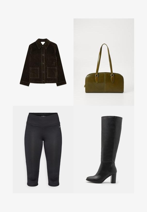 Rjava semiš jakna z velikim ovratnikom, sprednjim gumbom in dvema žepekoma. Ima teksturirano površino in prilagojen kroj.; Pulover s črnimi in belimi črtami, širokim plitkim izrezom, dolgimi rokavi in tesnim rebrastim robom na pasu. Mehka, pletena tekstura.; Črne capri legins hlače, narejene iz raztegljivega in lahkega materiala. Imajo visok pas in gladke šive za udobje in fleksibilnost.; Črne škornje do kolen iz gladke usnje, z debelim peto in zaobljenim nosom. Minimalističen dizajn brez vidnih dodatkov ali okraskov.; Olive zelena usnjena torba v zaokroženi obliki, z dvojnimi ročaji in brezšivnim sprednjim delom. Ima gladko teksturo in subtilne šive.