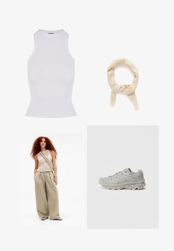 Bruine suede jas met een grote kraag, sluiting met knopen aan de voorkant en twee opgestikte zakken. Heeft een gestructureerd oppervlak en een getailleerde pasvorm.; Crème kleurige gebreide trui met een ronde hals, geribde manchetten en zoom. Zachte textuur met een iets losse pasvorm, met een eenvoudig, strak ontwerp.; Witte geribde tanktop met hoge hals, mouwloze stijl, aangesloten pasvorm en een licht uitlopende zoom, gemaakt van rekbare stof.; Jonge vrouw met lang, krullend rood haar die een beige mouwloos gebreid topje, wijde kaki broeken, slippers, een crossbody tas en armbanden draagt.; Lichtgrijze sportschoen met een gestructureerd mesh bovenwerk, reflecterende accenten, een opvallende profielzool en kleurrijke veters. Heeft een ondersteunend ontwerp.; Gebreide crèmekleurige sjaal met een gestructureerd patroon van kleine gaatjes. Heeft een gedraaide vorm, die een lus vormt met twee hangende uiteinden.