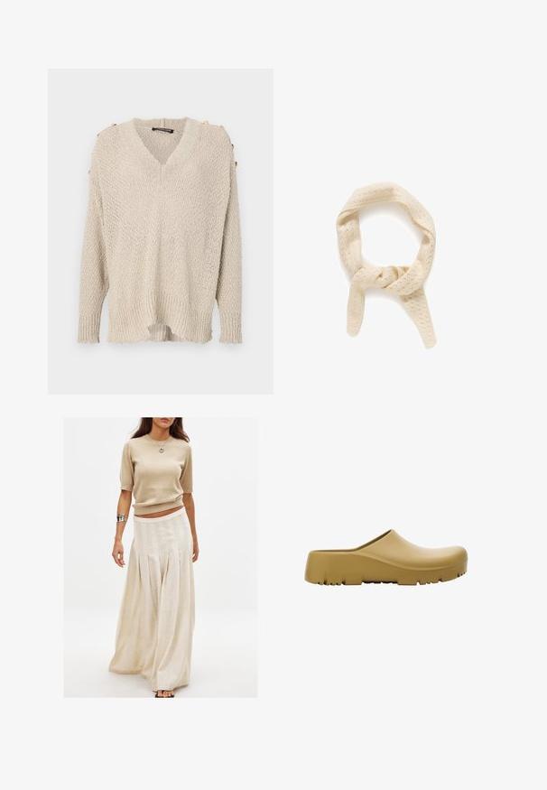 Bruine suede jas met een grote kraag, sluiting met knopen aan de voorkant en twee opgestikte zakken. Heeft een gestructureerd oppervlak en een getailleerde pasvorm.; Beige brei truien met een V-hals, een design met drop shoulder en een geribbeld zoom. Kenmerkt zich door gouden knopen op de schouders en een losse, textuurrijke stof.; Beige gebreid top met korte mouwen in combinatie met een lange, vloeiende crèmekleurige rok met verticale plooien en een gladde textuur.; Geel rubberen klompen met een glad oppervlak, open achterkant en een dikke, gestructureerde zool met horizontale groeven. Ontworpen voor comfort en duurzaamheid.; Gebreide crèmekleurige sjaal met een gestructureerd patroon van kleine gaatjes. Heeft een gedraaide vorm, die een lus vormt met twee hangende uiteinden.