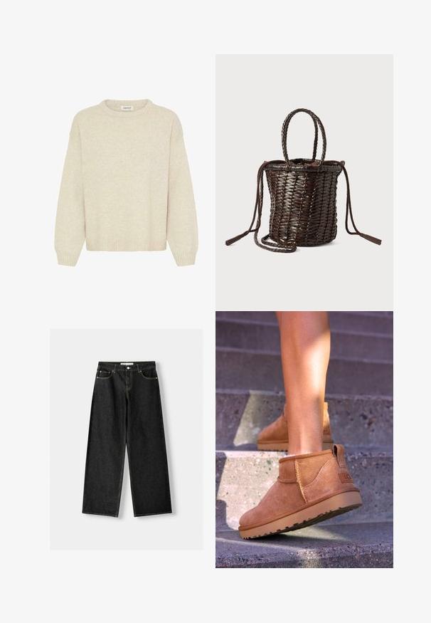 Braune Wildlederjacke mit großem Kragen, vorderem Knopfverschluss und zwei aufgesetzten Taschen. Sie hat eine strukturierte Oberfläche und eine taillierte Passform.; Helles beiges Sweatshirt aus weichem Strickstoff, mit Rundhalsausschnitt, überschnittenen Schultern und geripptem Saum sowie Bündchen. Keine Muster oder Akzente.; Schwarze Jeans mit weitem Bein aus Denim, mit fünf Taschen, metallischem Knopf und Reißverschluss und kontrastierenden gelben Nähten entlang der Nähte.; Beige Wildleder-Ankelstiefel mit weicher Textur, gesteppten Details und einer Gummisohle, ausgestattet mit einer Schlaufe an der Ferse für einfaches An- und Ausziehen.; Runder geflochtener Korb in Dunkelbraun, mit geflochtenen Trägern, einem Kordelzugverschluss und Troddelakzenten. Hergestellt aus flexiblem Material.