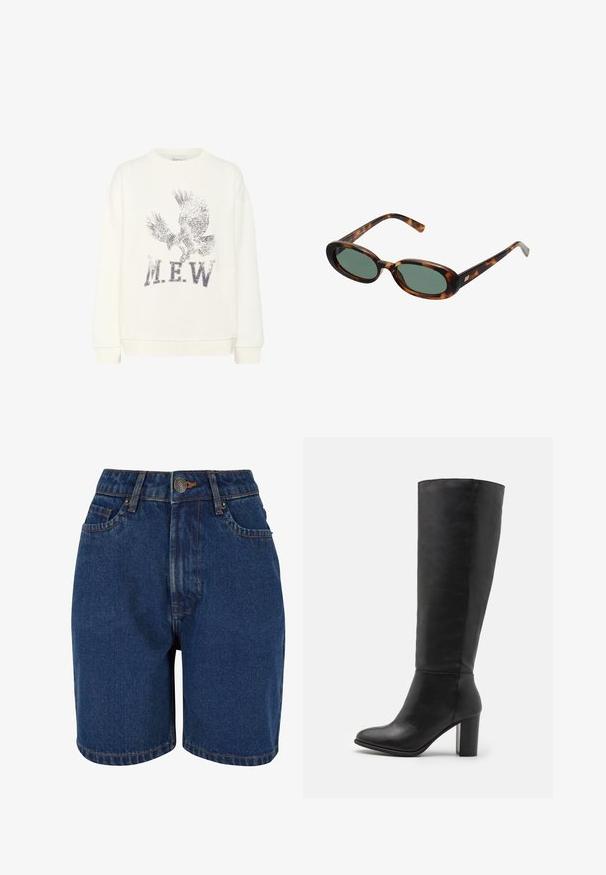 Hnedá semišová bunda s veľkým golierom, predným zapínaním na gombíky a dvomi náprsné vreckami. Má textúrovaný povrch a prispôsobený strih.; My Essential Wardrobe DIEGO EAGLE - Mikina - snow white; Džínové šortky v tmavomodrej farbe s vysokým pásom, päť vreckovým dizajnom a kontrastným oranžovým prešívaním. Tkanina vyzerá štruktúrovane.; Čierne členkové čižmy vyrobené z hladkej kože, s robustným podpätkom a zaoblenou špičkou. Minimalistický dizajn bez viditeľného kovania alebo ozdôb.; Slnečné okuliare v štýle korytnačiny s oválnymi rámami a zelenými sklami. Majú tenké nožičky s kovovým akcentom pri pántoch.; Olive zelená kožená kabelka s okrúhlym tvarom, dvojitými uchami a bezšvovým predným panelom. Disponuje hladkou textúrou a jemnými detailmi šitia.