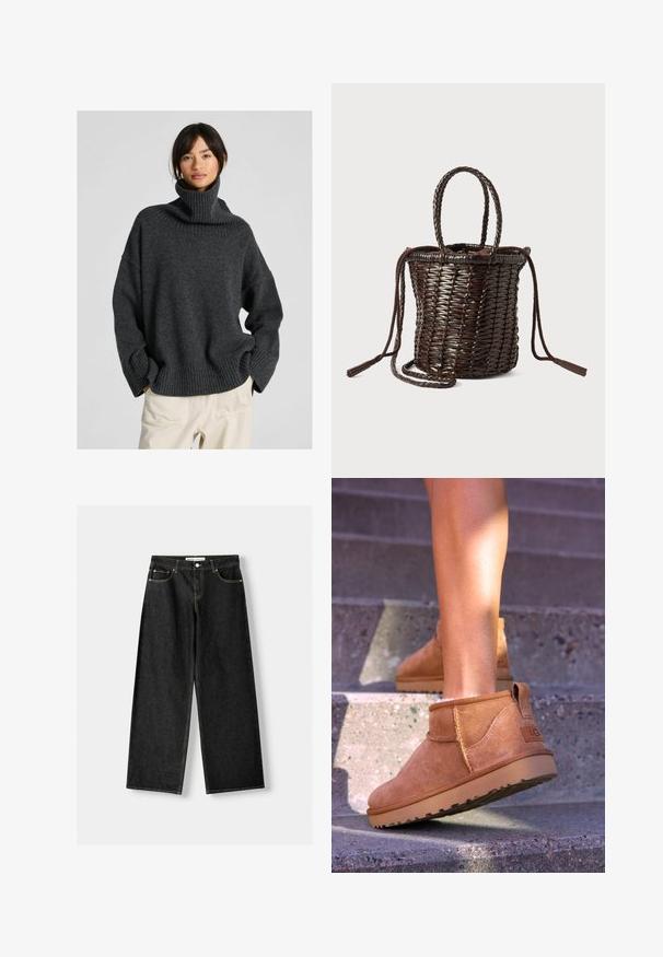 Ruskea mokkajakku, jossa on suuri kaulus, etunappikiinnitys ja kaksi paikkataskua. Valtavassa pinnassa on tekstuuria ja se on muotoiltu istuvaksi.; Ylihankkinen tumma harmaa rullapaito, jossa on ribbireunaiset kaula-aukko ja hihansuut, pehmeää neulottua materiaalia, laskettuihin olkasaumoihin ja rentoon istuvuuteen.; Musta denimi leveälahkeiset farkut, joissa on viisi taskua, metallinappi ja vetoketju, sekä erottuva keltainen ommel saumoissa.; Kahdenruskeat mokkanahkaiset nilkkurit, joissa on pehmeä pinta, kirjailtua yksityiskohtaa ja kumipohja. Kengissä on myös kätevä lenkki kantapäässä, joka helpottaa pukemista.; Pyöreä kudottu korikassi tummanruskeana, jossa on letitetyt kahvat, kiristysnauha ja tupsuakkset. Valmistettu joustavasta materiaalista.