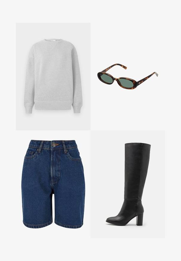 Braune Wildlederjacke mit großem Kragen, vorderem Knopfverschluss und zwei aufgesetzten Taschen. Sie hat eine strukturierte Oberfläche und eine taillierte Passform.; Hellgrauer Sweatshirt mit Rundhalsausschnitt, gerippten Bündchen und Saum, aus einem weichen Stoff mit strukturiertem Finish und lockerer Passform.; Denim-Shorts in dunklem Blau, mit hoher Taille, Fünf-Taschen-Design und kontrastierenden orangefarbenen Nähten. Der Stoff wirkt strukturiert.; Schwarze kniehohe Stiefel aus glattem Leder, mit einem stabilen Absatz und runder Zehenpartie. Minimalistisches Design ohne sichtbare Hardware oder Dekorationen.; Schildpatt-Sonnenbrille mit ovalen Rahmen und grünen Gläsern. Verfügt über dünne Bügel mit einem metallischen Akzent in der Nähe der Scharniere.; Olivengrünes Lederhandtasche mit einer runden Form, doppelten Griffen und nahtlosem Vorderteil. Verfügt über eine glatte Textur und subtile Nähdetails.