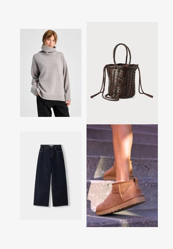 Rjava semiš jakna z velikim ovratnikom, sprednjim gumbom in dvema žepekoma. Ima teksturirano površino in prilagojen kroj.; Ženska z svetlo rjavimi lasmi, oblečena v ohlapno sivo polo majico in črne hlače, stoji pred enobarvno svetlo ozadjem.; Temno modri široki jeans z visokim pasom, petimi žepi, kontrastnim šivanjem in srebrnim kovinskim okovjem. Gladka tekstura in čista končna obdelava.; Svetlosive nobuck gležnjarji z mehko teksturo, všitimi detajli in gumijastim podplatom, z zanko na peti za enostavno obuvanje.; Okrogla pletena torba v temno rjavi barvi, z pletenimi ročaji, zategovanjem na vrvico in resicami. Narejena je iz fleksibilnega materiala.