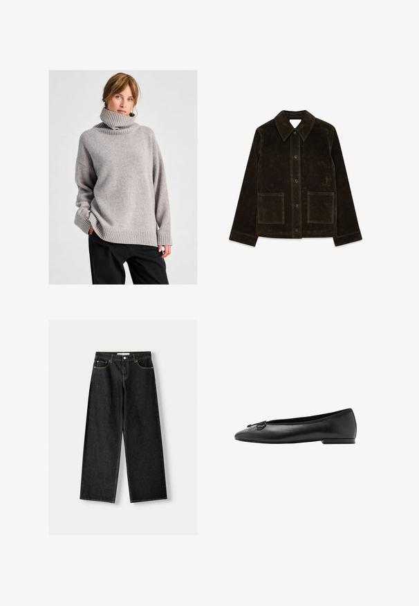 Ruskea mokkajakku, jossa on suuri kaulus, etunappikiinnitys ja kaksi paikkataskua. Valtavassa pinnassa on tekstuuria ja se on muotoiltu istuvaksi.; Nainen, jolla on vaaleanruskeat hiukset, pukeutuneena löysään harmaaseen poolopaitaan ja mustiin housuihin, seisoo yksinkertaista vaaleaa taustaa vasten.; Musta denimi leveälahkeiset farkut, joissa on viisi taskua, metallinappi ja vetoketju, sekä erottuva keltainen ommel saumoissa.; Mustat nahka ballerinat, joissa on pyöreä kärki, hoikka siluetti ja koristeellinen nauha edessä. Matala, suorakulmainen korko.