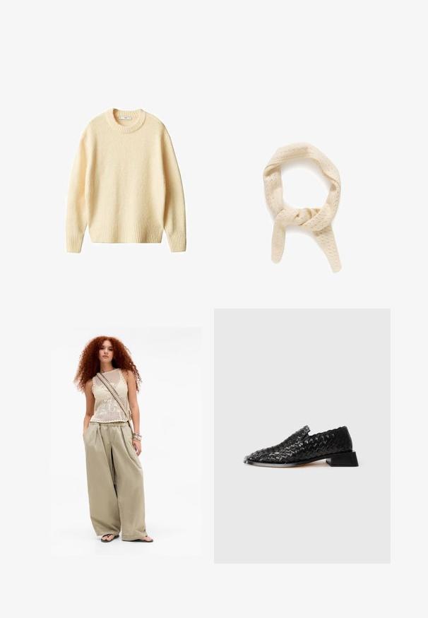 Veste en daim marron avec un large col, fermeture à boutons sur le devant et deux poches plaquées. Présente une surface texturée et une coupe ajustée.; Pull en tricot couleur crème avec un col rond, des poignets et un ourlet côtelés. Texture douce avec une coupe légèrement ample, arborant un design simple et épuré.; Jeune femme aux longs cheveux bouclés roux portant un haut sans manches en tricot beige, un pantalon large kaki, des tongs, un sac à bandoulière et des bracelets.; Chausson en cuir noir tressé à enfiler avec un petit talon carré et des détails festonnés, présenté sur un fond blanc.; Écharpe tricotée de couleur crème avec un motif texturé de petits trous. Présente un design tordu, formant une boucle avec deux extrémités suspendues.; Sac à main noir en tissage avec un design en mailles ouvertes et deux longues poignées. Dispose d'un sac intérieur noir solide pour le rangement.