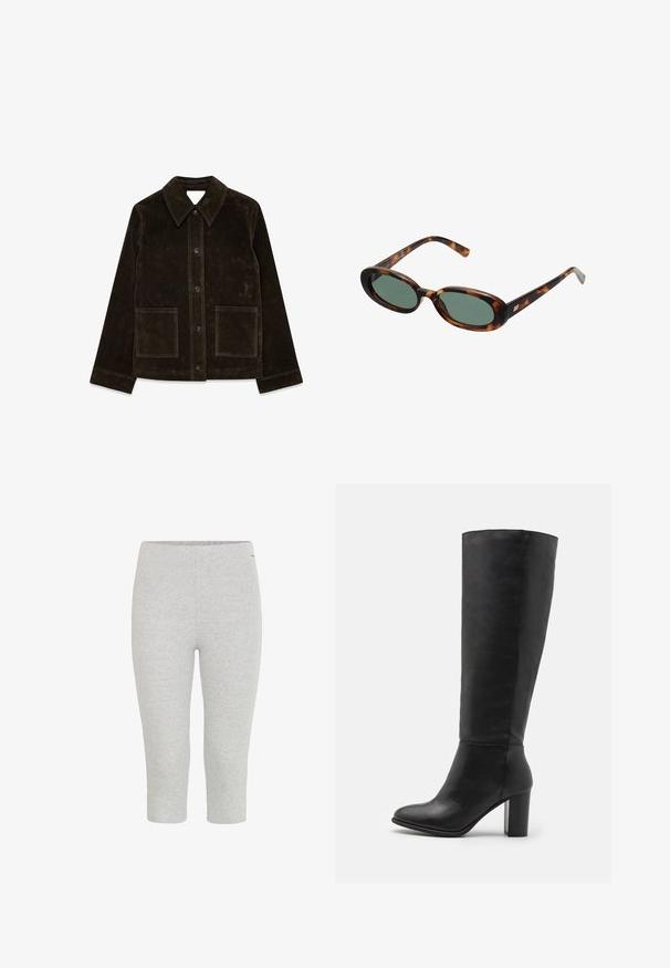 Bruine suede jas met een grote kraag, sluiting met knopen aan de voorkant en twee opgestikte zakken. Heeft een gestructureerd oppervlak en een getailleerde pasvorm.; Mouwloze witte jurk met een ronde halslijn en een asymmetrische zoom die aan de ene kant tot een punt hangt.; Grijze rekbare capri-leggings met een gladde textuur en een elastische tailleband, met een aansluitend ontwerp en zonder zichtbare patronen of accenten.; Zwarte laarzen tot de knie van soepel leer, met een dikke hak en een ronde neus. Minimalistisch ontwerp zonder zichtbare hardware of versieringen.; schildpadbril met ovale monturen en groene lenzen. Heeft dunne spijlen met een metalen accent nabij de scharnieren.; Olijfgroene leren handtas met een ronde vorm, dubbele handvatten en een naadloze voorkant. Kenmerkt zich door een gladde textuur en subtiele stikdetails.