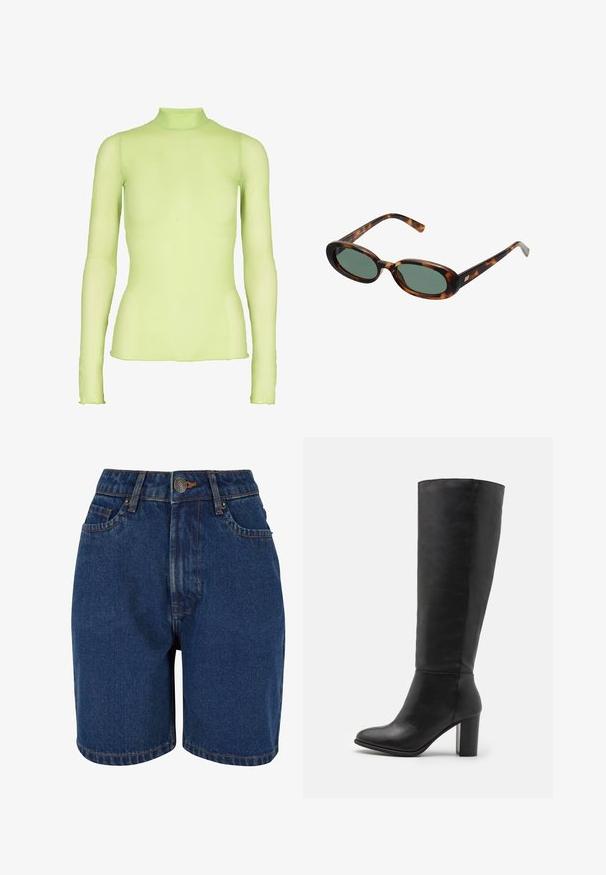 Ruskea mokkajakku, jossa on suuri kaulus, etunappikiinnitys ja kaksi paikkataskua. Valtavassa pinnassa on tekstuuria ja se on muotoiltu istuvaksi.; Pitkähiha, vaaleanvihreä paita, joka on valmistettu läpinäkyvästä kankaasta ja jossa on korkea kaulus. Omistaa vartalonmyötäisen siluetin ja hieman levenevät hihansuut ranteissa.; Farkkuhousut, joissa on tumma sininen väri, korkea vyötärö, viisi taskua ja kontrastiväri oranssit ompeleet. Kangas näyttää olevan teksturoitu.; Mustat polvipituiset saappaat, jotka on valmistettu sileästä nahasta, ja joissa on paksu korko ja pyöreä kärki. Minimalistinen muotoilu ilman näkyvää varustusta tai koristeita.; Kilpikonnakuosisuntit, joissa on soikeat kehykset ja vihreät linssit. Ominaisuuksiin kuuluu ohuet varret, joissa on metallinen korostus saranan lähellä.; Olivi vihreä nahkainen käsilaukku pyöreällä muotoilulla, joissa on kaksinkertaiset kahvat ja saumaton etuosa. Ominaisuuksiin kuuluu sileä pinta ja hillityt tikkaustiedot.