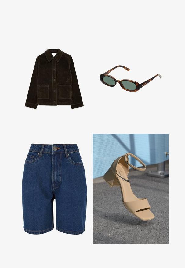 Veste en daim marron avec un large col, fermeture à boutons sur le devant et deux poches plaquées. Présente une surface texturée et une coupe ajustée.; Tissu avec des pois noirs sur un fond beige clair. Le design présente des cercles pleins, espacés uniformément, sur une texture lisse.; Shorts en denim de couleur bleu foncé, taille haute, à cinq poches, avec des coutures orange contrastantes. Le tissu semble texturé.; Sandale à talon carré beige avec un bout carré, des brides minimalistes et une boucle à la cheville. Matériau lisse et mat sur une surface grise.; Lunettes de soleil en écaille de tortue avec des montures ovales et des verres verts. Elles présentent des branches fines avec un accent métallique près des charnières.; Sac à main en cuir vert olive, de forme arrondie, avec deux poignées et une façade sans couture. Il présente une texture lisse et des détails de couture subtils.; Boucles d'oreilles en argent en deux tailles ; design texturé avec une surface ondulée. Petites boucles au-dessus de plus grandes, toutes deux dotées d'un fermoir articulé.