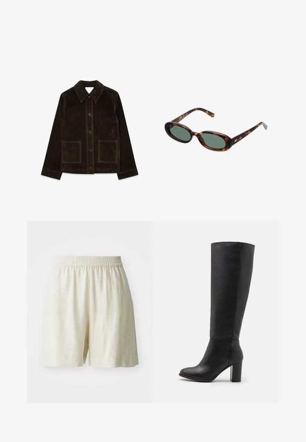 Brązowa kurtka z zamszu z dużym kołnierzem, zapięciem na guziki z przodu i dwiema kieszeniami naszytymi. Posiada teksturowaną powierzchnię i dopasowany krój.; Tkanina w czarne kropki na jasnobeżowym tle. Wzór składa się z równomiernie rozmieszczonych, jednolitych okręgów na gładkiej fakturze.; Linenowe szorty w kolorze kremowym, z elastycznym pasem i luźnym krojem. Prosty design, gładka faktura oraz brak widocznych wzorów czy elementów metalowych.; Czarne kozaki do kolan wykonane z gładkiej skóry, z szerokim obcasem i zaokrąglonym czubkiem. Minimalistyczny design bez widocznych elementów metalowych czy dekoracji.; Okulary przeciwsłoneczne w kolorze tortoise z owalnymi oprawkami i zielonymi soczewkami. Posiadają cienkie zauszniki z metalowym akcentem przy zawiasach.; Oliwkowa skórzana torebka w zaokrąglonym kształcie, z podwójnymi uchwytami i gładkim przodem. Posiada gładką teksturę i subtelne detale w postaci szwów.; Srebrne kolczyki w kształcie obręczy w dwóch rozmiarach; teksturowany wzór z falistą powierzchnią. Małe obręcze nad większymi, obie z zawieszką na zawiasie.