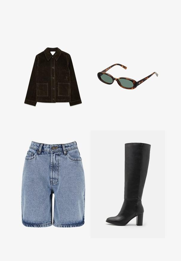 Rjava semiš jakna z velikim ovratnikom, sprednjim gumbom in dvema žepekoma. Ima teksturirano površino in prilagojen kroj.; Tkanina s črnimi pikami na svetlo bež ozadju. Oblikovanje vsebuje enakomerno razporejene, trdne kroge na gladki teksturi.; Denim kratke hlače s svetlo modrim pranjem, pet žepov, vidno šivanje in gumbnim zapiranjem, s pravim krojem in zavitim robom.; Črne škornje do kolen iz gladke usnje, z debelim peto in zaobljenim nosom. Minimalističen dizajn brez vidnih dodatkov ali okraskov.; Žirafne sončna očala z ovalnimi okvirji in zelenimi lečami. Imajo tanke ročice z metalnim poudarkom blizu tečajev.; Olive zelena usnjena torba v zaokroženi obliki, z dvojnimi ročaji in brezšivnim sprednjim delom. Ima gladko teksturo in subtilne šive.