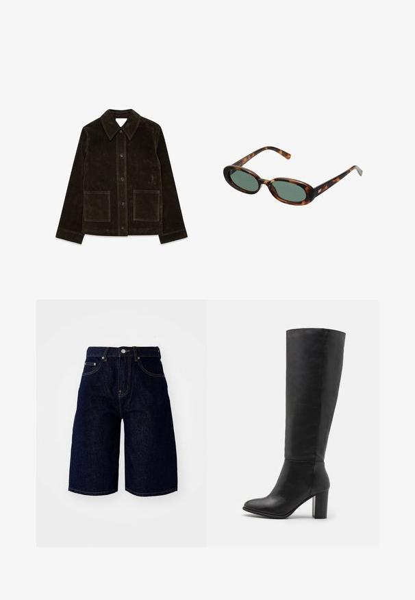 Brūns zamša žakets ar lielu apkakli, priekšējo pogu aizdari un divām kabatām. Atšķiras ar strukturētu virsmu un pielāgotu piegriezumu.; Audums ar melniem punktiņiem uz gaiši beidzam fona. Dizains ietver vienmērīgi novietotus, cietus apļus uz gludas tekstūras.; Tumši zili džinsi šorti ar taisnu griezumu, piecām kabatām un kontrastējošām oranžām šuvēm, ar pogu aizdari viduklī.; Melni ceļgala zābaki, izgatavoti no gludas ādas, ar masīlu papēdi un noapaļotu purngalu. Minimalistisks dizains bez redzamām detaļām vai rotājumiem.; Bruņurupuča apvalka saulesbrilles ar ovālām rāmēm un zaļiem stikliem. Rāmjiem ir plānas kājas ar metāla akcentu tuvu eņģēm.; Olive zaļš ādas rokassomu ar noapaļotu formu, divām rokturiem un bezšuvju priekšpusi. Iezīmējas ar gludu tekstūru un smalkiem šuvju akcentiem.; Sudraba stīpas auskari komplekts, viena liela un viena maza pāra. Gluda virsma ar viļņotu dizainu, aprīkoti ar drošiem aizdariem.