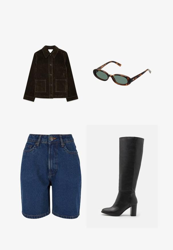 Rjava semiš jakna z velikim ovratnikom, sprednjim gumbom in dvema žepekoma. Ima teksturirano površino in prilagojen kroj.; Tkanina s črnimi pikami na svetlo bež ozadju. Oblikovanje vsebuje enakomerno razporejene, trdne kroge na gladki teksturi.; Denimske kratke hlače v temno modri barvi, z visokim pasom, petimi žepi in kontrastnim oranžnim šivom. Tkanina se zdi teksturirana.; Črne škornje do kolen iz gladke usnje, z debelim peto in zaobljenim nosom. Minimalističen dizajn brez vidnih dodatkov ali okraskov.; Žirafne sončna očala z ovalnimi okvirji in zelenimi lečami. Imajo tanke ročice z metalnim poudarkom blizu tečajev.; Olive zelena usnjena torba v zaokroženi obliki, z dvojnimi ročaji in brezšivnim sprednjim delom. Ima gladko teksturo in subtilne šive.; Set srebrnih uhanov v obliki obročev, en par velikih in en par majhnih. Gladek tekstura z valovitim dizajnom, opremljeni z varnimi zaponkami.