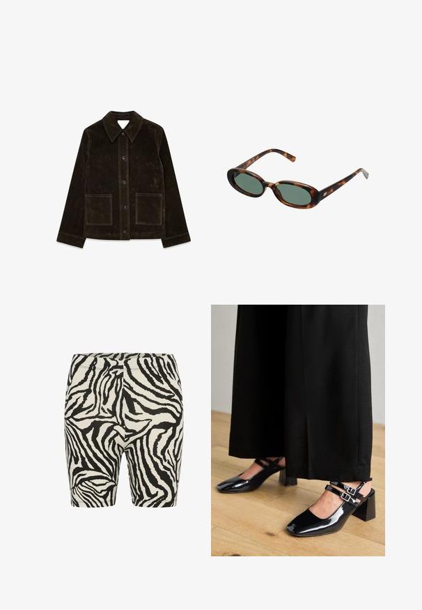 Ruskea mokkajakku, jossa on suuri kaulus, etunappikiinnitys ja kaksi paikkataskua. Valtavassa pinnassa on tekstuuria ja se on muotoiltu istuvaksi.; Kaksi pitkähihasta paitaa: yksi kermavärinen, lyhyempi malli ja toinen vihreä, normaali pituinen raglanhihoilla. Molemmat pehmeää kangasta.; Lyhyet leggingsit musta-valkoinen seepra kuosisella printillä, jotka ovat sileäpintaiset, joustava vyötärö ja lähellä vartaloa istuva muotoilu. Sopivat päivittäiseen käyttöön tai liikuntaan.; Mustat patentoitu nahkaslingback-kengät neliönmuotoisilla varpailla, joissa on kaksinkertaiset säädettävät nilkkahihnat ja lohkareet. Sileä, kiiltävä viimeistely.; Kilpikonnakuosisuntit, joissa on soikeat kehykset ja vihreät linssit. Ominaisuuksiin kuuluu ohuet varret, joissa on metallinen korostus saranan lähellä.