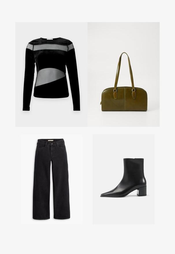 Brown suede jacket with a large collar, front button closure, and two patch pockets. Features a textured surface and tailored fit.; Black long-sleeve top featuring a mix of velvet and mesh panels, with geometric cutouts and a round neckline.; Black wide-leg jeans made from denim. Features a high waist, front pockets, and a zipper with a button closure. Smooth texture.; Black leather ankle boot with a pointed toe, smooth texture, and a mid-block heel. Minimalist design, zipper closure at the back.; Olive green leather handbag with a rounded shape, dual handles, and seamless front. Features a smooth texture and subtle stitching details.; Silver hoop earring with a polished finish, featuring small gold accent details and a round shape, worn on the lobe.