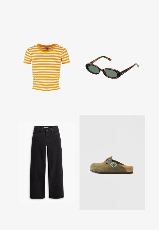 Brun ruskindsjakke med stor krave, frontlukning med knapper og to påsyede lommer. Har en tekstureret overflade og en skræddersyet pasform.; Gul og hvid stribet kortærmet t-shirt med rund hals og en tætsiddende pasform, lavet af et blødt, let materiale.; Sorte bredbenede jeans lavet af denim. Har høj talje, forlommer og en lynlås med knaplukning. Glat tekstur.; Oliven grøn ruskinds slip-on clog med en kork sål. Har en spænde-rem og en rund tå, samt en tekstureret gummisål.; Skildpaddemønstrede solbriller med ovale stel og grønne linser. Har tynde arme med en metallisk detalje nær hængslerne.; Oliven grøn læder håndtaske med rund form, to håndtag og sømløs front. Har en glat tekstur og diskrete syninger.