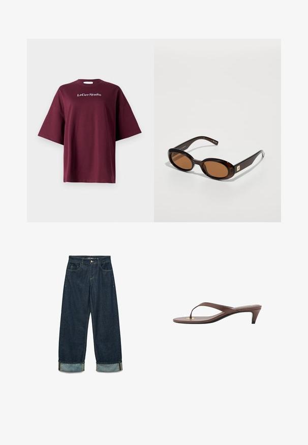 Brązowa kurtka z zamszu z dużym kołnierzem, zapięciem na guziki z przodu i dwiema kieszeniami naszytymi. Posiada teksturowaną powierzchnię i dopasowany krój.; Burgundowa koszulka z krótkim rękawem wykonana z bawełny, o luźnym kroju. Posiada białe logo "LeGer Studio" na piersi. Gładka tekstura, prosty design.; Dżinsowe spodnie w ciemnoniebieskim kolorze o luźnym kroju, z podwiniętymi mankietami, pięcioma kieszeniami oraz kontrastującymi detalami przeszycia.; Brązowe sandały na obcasie w stylu klapek z wąskim paskiem i zaokrąglonym palcem, z małym złotym akcentem na wkładce.; Brązowe okulary przeciwsłoneczne w kształcie muszki z owalnymi soczewkami, z cienką oprawką i małym metalowym akcentem z boku. Teksturowane i wypolerowane wykończenie.; Oliwkowa skórzana torebka w zaokrąglonym kształcie, z podwójnymi uchwytami i gładkim przodem. Posiada gładką teksturę i subtelne detale w postaci szwów.