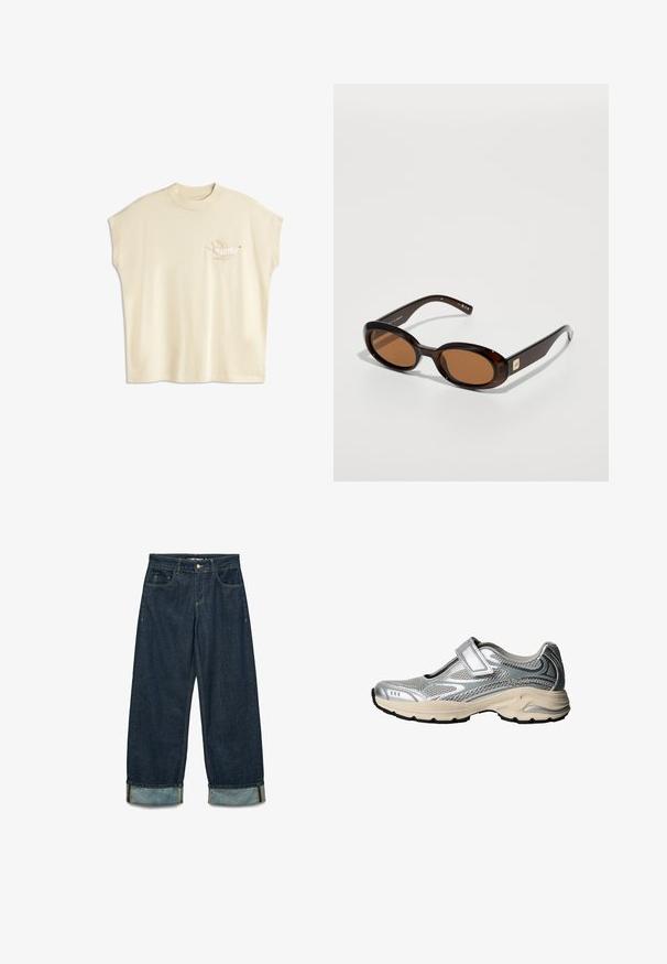 Bruine suede jas met een grote kraag, sluiting met knopen aan de voorkant en twee opgestikte zakken. Heeft een gestructureerd oppervlak en een getailleerde pasvorm.; Crème-kleurig oversized t-shirt met korte mouwen, voorzien van een geborduurd vogelontwerp op de linkerborst in neutrale tinten.; Donkerblauwe denimbroek met een losse pasvorm, voorzien van opgerolde broekspijpen, vijf zakken en contrasterende stiksels.; Zilveren sportschoen met een bovenkant van mesh, versterkte neus en gevoerde zool. Beschikt over een klittenbandsluiting en een zwarte rubberen loopzool.; Bruine schildpadzonnebril met ovale lenzen, met een dunne montuur en een kleine metalen accent aan de zijkant. Geverfd en gepolijst afwerking.; Olijfgroene leren handtas met een ronde vorm, dubbele handvatten en een naadloze voorkant. Kenmerkt zich door een gladde textuur en subtiele stikdetails.