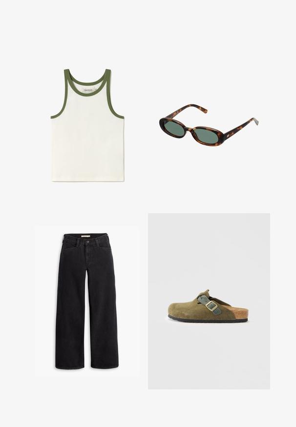 Brązowa kurtka z zamszu z dużym kołnierzem, zapięciem na guziki z przodu i dwiema kieszeniami naszytymi. Posiada teksturowaną powierzchnię i dopasowany krój.; Biały, prążkowany top na ramiączkach z zielonym obszyciem wokół dekoltu i otworów na ramiona. Widoczna metka wewnątrz. Prosty, dopasowany krój, idealny do warstwowego noszenia.; Czarne dżinsy o szerokich nogawkach wykonane z denimu. Posiadają wysoki stan, przednie kieszenie oraz zamek błyskawiczny z zapięciem na guzik. Gładka tekstura.; Zielono-oliwkowe zamszowe klapki bez pięty z korkową wkładką. Posiadają pasek z klamrą i okrągły czubek, a także teksturowaną gumową podeszwę.; Okulary przeciwsłoneczne w kolorze tortoise z owalnymi oprawkami i zielonymi soczewkami. Posiadają cienkie zauszniki z metalowym akcentem przy zawiasach.; Oliwkowa skórzana torebka w zaokrąglonym kształcie, z podwójnymi uchwytami i gładkim przodem. Posiada gładką teksturę i subtelne detale w postaci szwów.