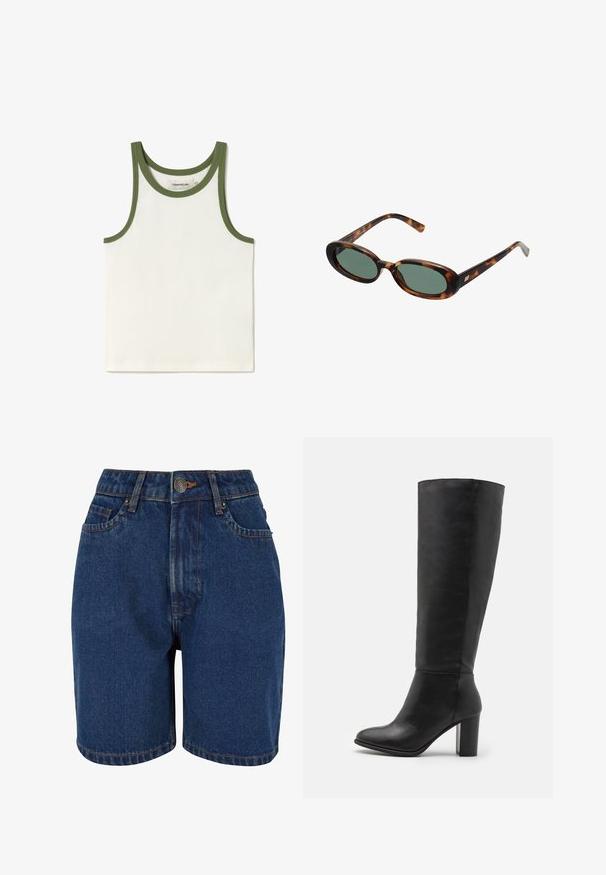 Brązowa kurtka z zamszu z dużym kołnierzem, zapięciem na guziki z przodu i dwiema kieszeniami naszytymi. Posiada teksturowaną powierzchnię i dopasowany krój.; Biały, prążkowany top na ramiączkach z zielonym obszyciem wokół dekoltu i otworów na ramiona. Widoczna metka wewnątrz. Prosty, dopasowany krój, idealny do warstwowego noszenia.; Szorty dżinsowe w ciemnoniebieskim kolorze, z wysokim stanem, pięcioma kieszeniami i kontrastującym pomarańczowym przeszyciem. Materiał wydaje się teksturowany.; Czarne kozaki do kolan wykonane z gładkiej skóry, z szerokim obcasem i zaokrąglonym czubkiem. Minimalistyczny design bez widocznych elementów metalowych czy dekoracji.; Okulary przeciwsłoneczne w kolorze tortoise z owalnymi oprawkami i zielonymi soczewkami. Posiadają cienkie zauszniki z metalowym akcentem przy zawiasach.; Oliwkowa skórzana torebka w zaokrąglonym kształcie, z podwójnymi uchwytami i gładkim przodem. Posiada gładką teksturę i subtelne detale w postaci szwów.; Srebrne kolczyki w kształcie obręczy w dwóch rozmiarach; teksturowany wzór z falistą powierzchnią. Małe obręcze nad większymi, obie z zawieszką na zawiasie.