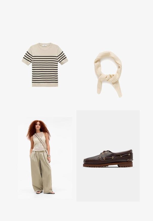 Giacca in suede marrone con un ampio colletto, chiusura frontale a bottoni e due tasche a toppa. Presenta una superficie testurizzata e una vestibilità sartoriale.; Maglione beige a maniche corte con strisce orizzontali nere. Collo rotondo, texture a maglia e orlo a costine. Design semplice e classico.; Giovane donna con lunghi capelli ricci rossi che indossa un top senza maniche beige in maglia, pantaloni larghi color khaki, ciabatte, borsa a tracolla e braccialetti.; Scarpa da barca in pelle marrone con occhielli dorati, lacci tondi e una suola in gomma marrone texturizzata. Presenta dettagli cuciti e un logo in rilievo.; Sciarpa di colore crema lavorata a maglia con un motivo testurizzato di piccoli fori. Presenta un design attorcigliato, creando un anello con due estremità pendenti.