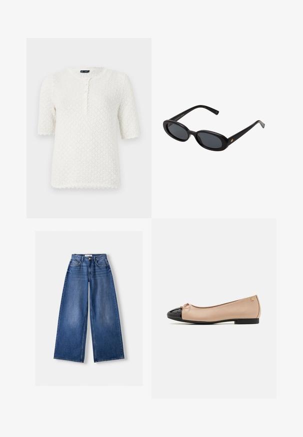 Braune Wildlederjacke mit großem Kragen, vorderem Knopfverschluss und zwei aufgesetzten Taschen. Sie hat eine strukturierte Oberfläche und eine taillierte Passform.; GAP POINTELLE - T-Shirt basic - ivory frost; Bershka WIDE-LEG - Wide Leg - dark blue; Balletschuhe mit einem beigefarbenen Satin-Obermaterial, einer schwarzen Lackleder-Zehenkappe, einer kleinen Schleifenverzierung an der Vorderseite und einem niedrigen schwarzen Absatz.; Schwarze, oversized Sonnenbrillen mit ovalen Gläsern, glattem Kunststoffrahmen und goldenen Akzenten an den Bügeln. Die dunklen Gläser bieten Sonnenschutz.