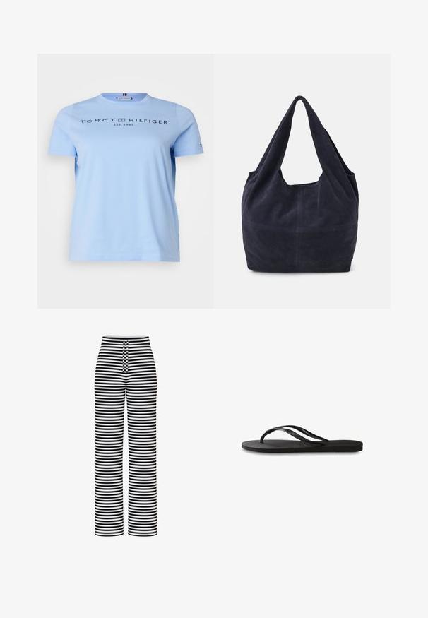 Brūns zamša žakets ar lielu apkakli, priekšējo pogu aizdari un divām kabatām. Atšķiras ar strukturētu virsmu un pielāgotu piegriezumu.; Tommy Hilfiger Curve LOGO - Apdrukāts T-krekls - vessel blue; Pieces PCLAYA MW WIDE - Auduma bikses - bright white; Melni čības ar teksturētu gumijas zoli, divām plānām siksniņām un smalku, iespiedotu logotipa detaļu uz siksniņas.; Jūras spēku zila zamšs soma ar brīvu dizainu, platām plecu siksnām un redzamām šuvēm uz korpusa.