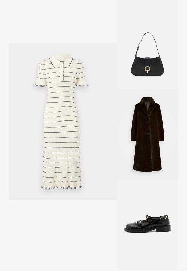 Tumepruun faux karvane mantel, millel on sisselõigatud krae, ühekohaline nööbikinnitus ja pikad varrukad. Pehme tekstuur ja sile vooder.; sandro ROBE MIDI COL POLO FINITIONS FRILL - Päevakleit - ecru; Mustal nahast kingad brogue-tekstiiliga, millel on kaks pandla rihma, ümar varvas ja madal konts. Sujuv tekstuur ja läikiv viimistlus.; Must musta nahkrahakott, millel on kaarjas siluett, lühike rihm, keskmise kullatooni metalldetail ja sile tekstuur. Pole nähtavaid mustreid ega lisandeid.