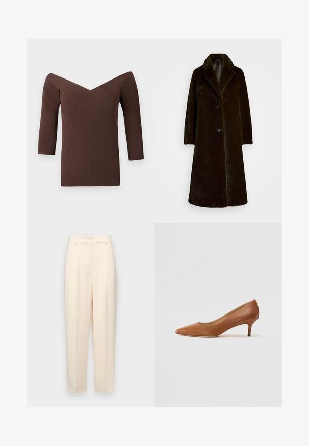Tamsiai rudas dirbtinio kailio paltas su iškirpte, viena mygtuko uždarymu ir ilgomis rankovėmis. Minkšta tekstūra su lygia pamušalu.; Ruda raukšlėta viršutinė su nugarą atidengiančiu kirpimu, V formos iškirpte, trijų ketvirčių rankovėmis ir prigludusia siluetu. Lygus paviršius.; Bežinės pritaikytos kelnės su tiesiu kirpimu, su raukšlėmis priekyje, lygia tekstūra ir vidutinio aukščio juosmens. Nematomos kišenės.; Lauren Ralph Lauren ADRIENNE - Klasikiniai aukštakulniai - deep saddle tan
