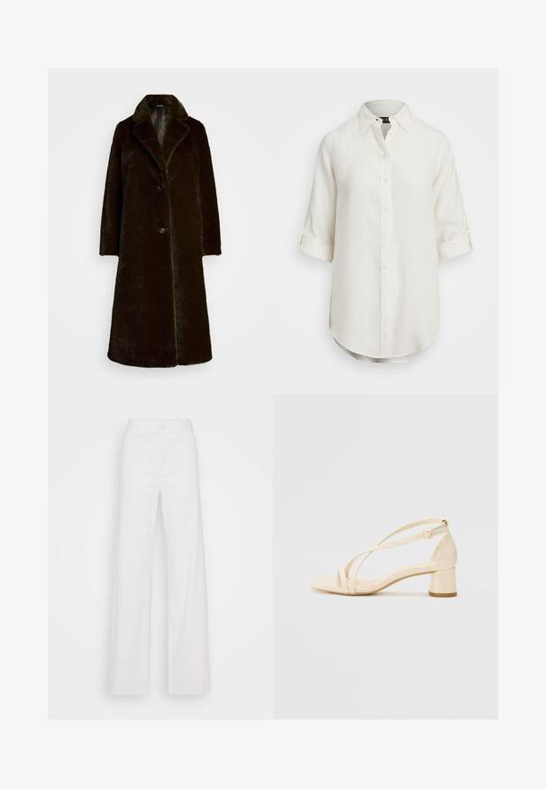 Umjetna krzna plašt u tamnosmeđoj boji s izrezanim ovratnikom, jednim dugmetom za zatvaranje i dugim rukavima. Mekana tekstura s glatkom podstavljom.; Bela lanena srajca z gumbnim zapenjanjem, kratkimi zavihanimi rokavi, ovratnikom in zaobljenim robom. Ima svetle gumbe.; Bele hlače širokih nogavic iz bombaža, z zapiranjem na gumb spredaj, z vzmetenjem za pas in gladko teksturo. Brez vidnih vzorcev ali dodatkov.; Beige sandale s peto na blok, z zapletenim dizajnom in prilagodljivim gležnjenjcem, izdelane iz gladkega sintetičnega materiala z mat površino.