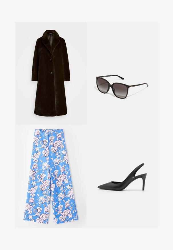 Krzno sa sintetičkim vlaknima u tamnosmeđoj boji, s izrezanim kragnom, pojedinačnim dugmetom za zatvaranje i dugim rukavima. Mekana tekstura s glatkom podstavom.; Mornarsko plavi bezrukavni top izrađen od glatkog, rastezljivog materijala. Sadrži nabranje sa strane i zaobljen rub za prikladan izgled.; Plave cvjetne hlače s uzorkom pastelnih ruža. Tkanina je glatka, s ležernim krojem, širokim nogavicama i elastičnom trakicom za struk.; Crne kožne slingback visoke pete s dizajnom u obliku špice, s izrezom sprijeda i tankom stiletto petom.; Crne pravokutne sunčane naočale s gradijentnim lećama, plastični okviri i metalni logo akcent na ručki. Klasičan dizajn s glatkom teksturom.