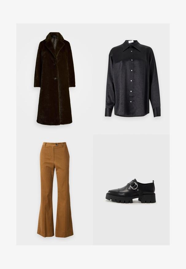 Mākslīgās kažokādas apmetnis tumši brūnā krāsā ar iegrieztu apkakli, vienas pogas aizdari un garām piedurknēm. Mīksta tekstūra ar gludu oderi.; Melnas garām piedurknēm krekls ar apdari, kas piedāvā samocītu tekstūru, pilnu pogu priekšpusi un aproces. Izgatavots no gludas auduma.; Brūnas izplešamas bikses, kas izgatavotas no strukturētas auduma, ar pogu aizdari un vienkāršu jostas dizainu.; Melni ādas apavi ar masīvu, rievojumu zoli, ar apaļu sudraba aksesuāru un minimālām šuvēm.