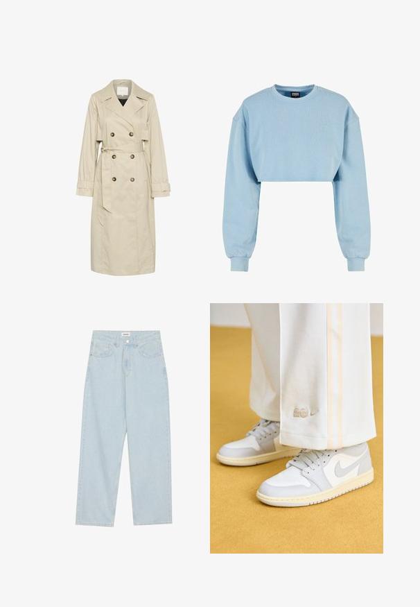 Beige színű trench coat, könnyű anyagból készült, dupla gombos kialakítással, nagy gombokkal és megkötős derék övvel. Hosszú ujjak és klasszikus gallér jellemzi.; Rövidre vágott világoskék pulóver, puha anyagból, hosszú ujjakkal és hímzett virágmintával a mellrészen.; Világoskék, széles lábú farmernadrág, közepes derékkal, öt zsebbel és gombos záródással, vékony fémszínű akcentussal.; Jordan AIR JORDAN 1 LOW - Sportcipő - sail/neutral grey/coconut milk
