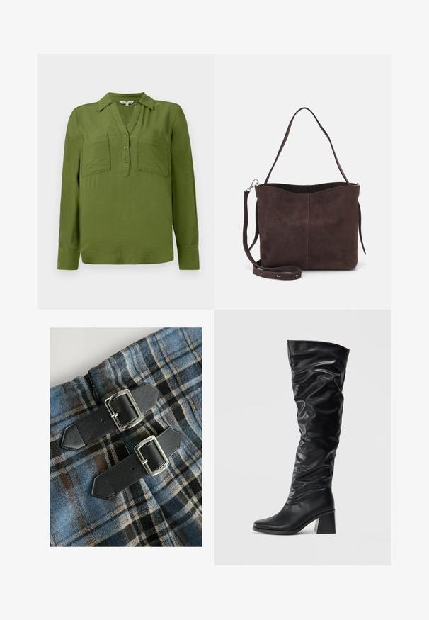 Bežinis paltas, pagamintas iš lengvo audinio, su dvigubo užsegimo dizainu, dideliais mygtukais ir surišamu juosmeniu. Ilgos rankovės ir klasikinis apykaklė.; TOM TAILOR BLOUSE STRUCTURED SOLID - Palaidinė - deep ivy green; Tinkle su mėlyna, ruda ir juoda spalvomis, su dviem juodais diržais iš dirbtinės odos ir sidabriniais sagtimis juosmens srityje. Matoma užtrauktukas.; Juodos aukštos iki kelių botai, pagaminti iš blizgaus odos, su sulankstytu dizainu, smailiu pirštu ir storu blokuotu kulnu. Lygus paviršius su subtiliu blizgesiu.; Ruda suede audinė su minkšta tekstūra, turinti vieną petį ir subtilų kreivinį viršutinį atidarymą. Matomų metalinių detalių nėra.